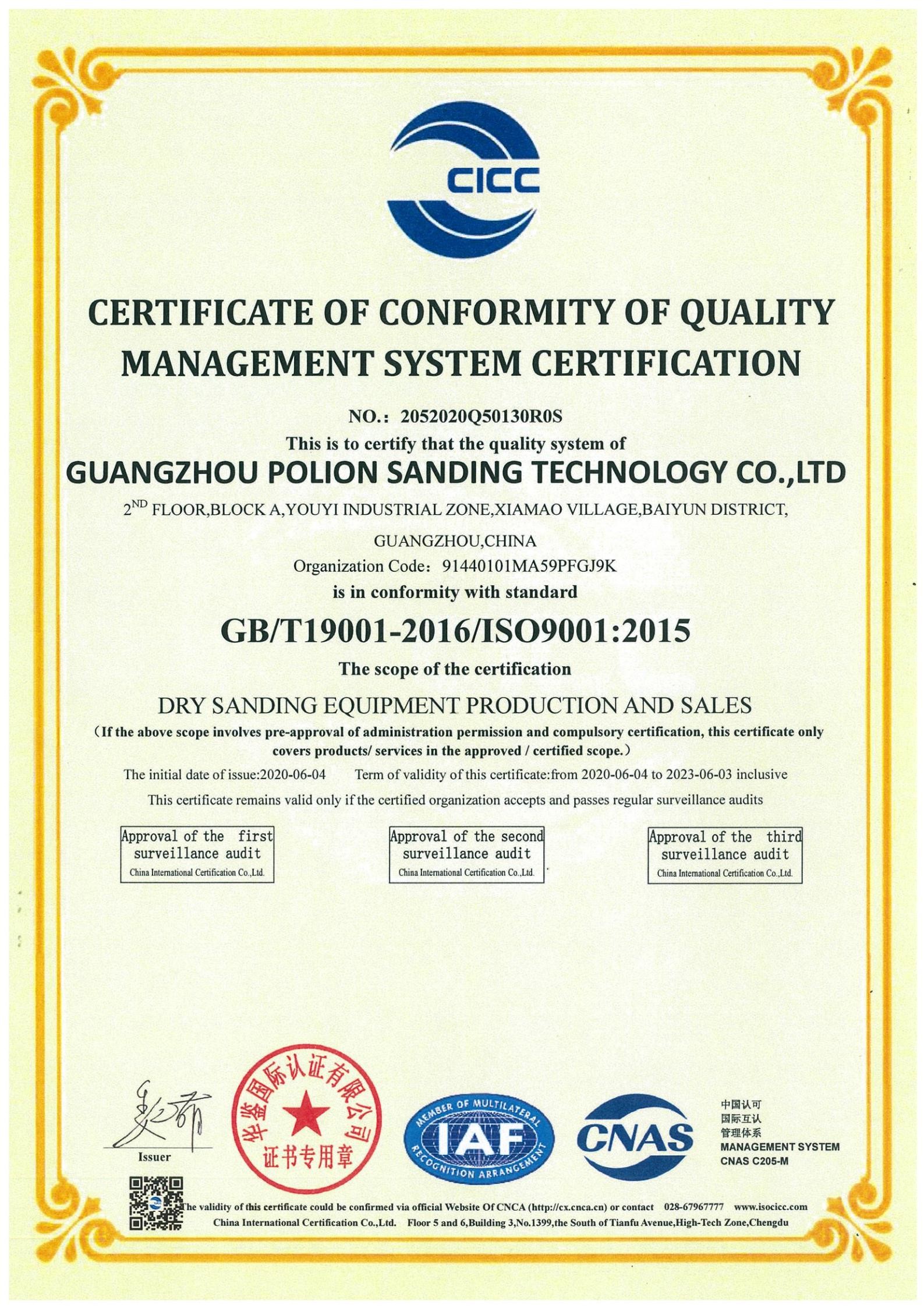 Trung Quốc Polion Sanding Technology Co., LTD Chứng chỉ